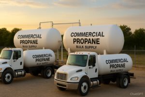 Commercial propane bulk supply operation with delivery trucks and storage tanks