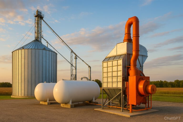 Modern agricultural facility with propane-powered grain drying systems
