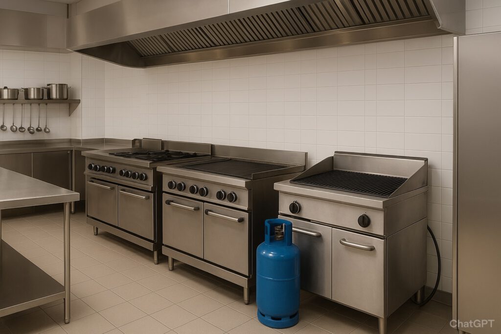 Modern commercial kitchen with propane cooking equipment