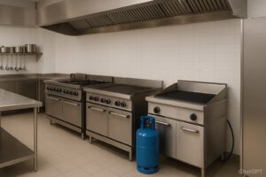 Modern commercial kitchen with propane cooking equipment