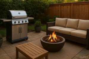 Beautiful outdoor kitchen with propane grill and fire pit setup