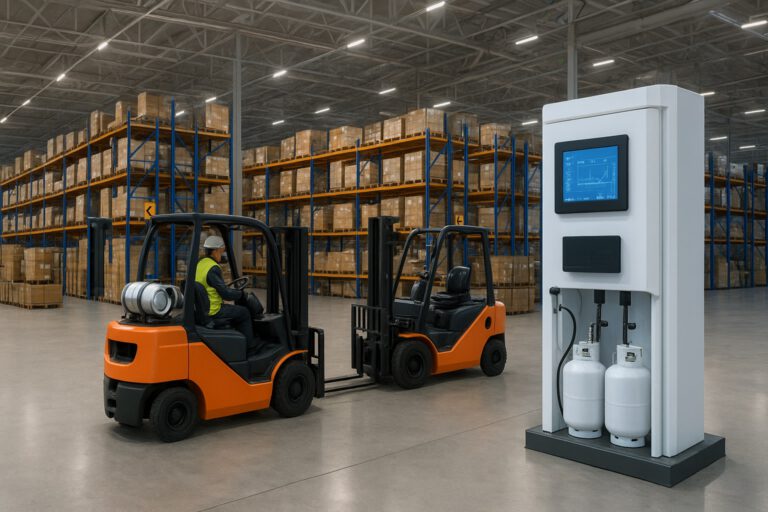 Modern warehouse with propane forklifts and automated tank monitoring system