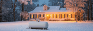 Cozy home with propane tank in winter.