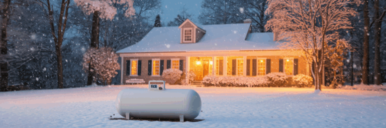 Cozy home with propane tank in winter.