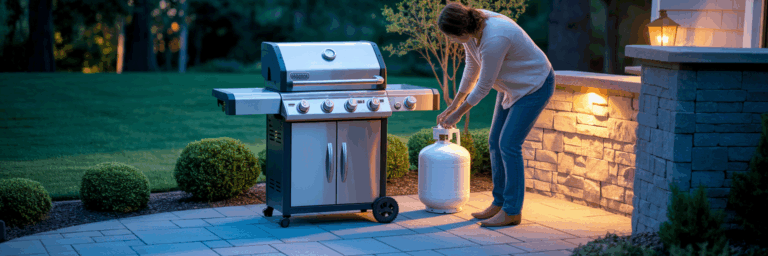 Person inspecting propane tank before grilling.