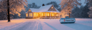 Warmly lit home with propane tank.