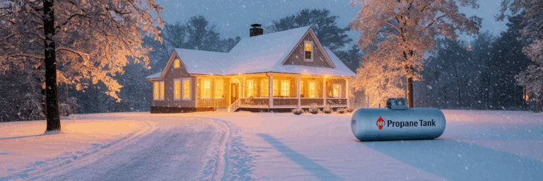 Warmly lit home with propane tank.