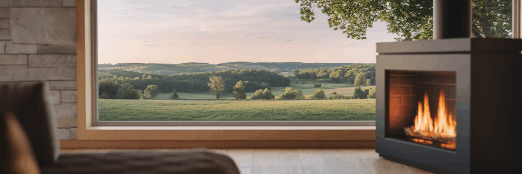 Cozy living room with propane fireplace overlooking green hills.