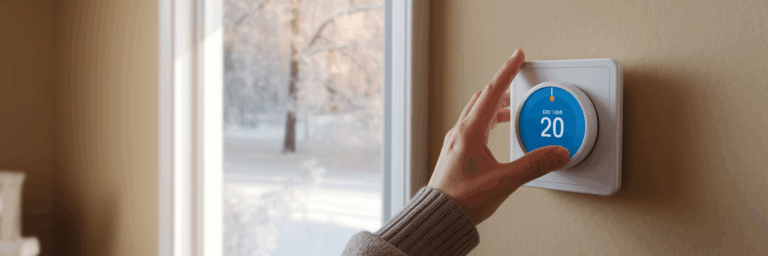 Hand adjusting a home thermostat in winter.