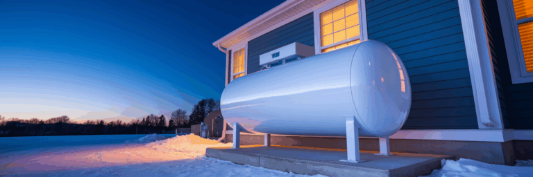Residential propane tank at dusk in winter