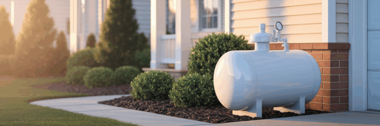 Residential propane tank next to home.