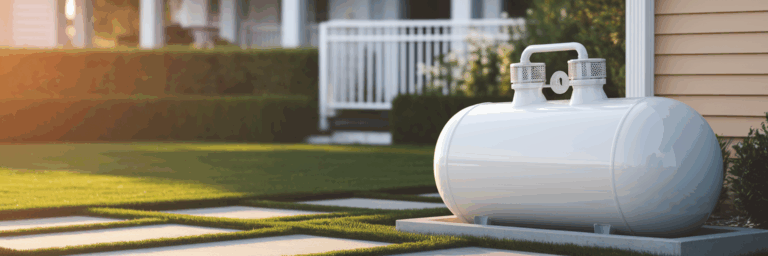Well-maintained residential propane tank in backyard