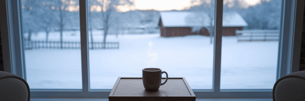 View of snowy landscape from warm living room.