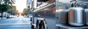 Modern food truck with secured propane tanks.