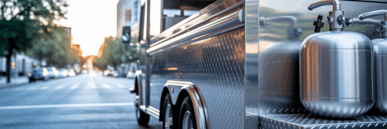 Modern food truck with secured propane tanks.