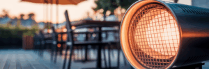 Close-up of a commercial propane heater.