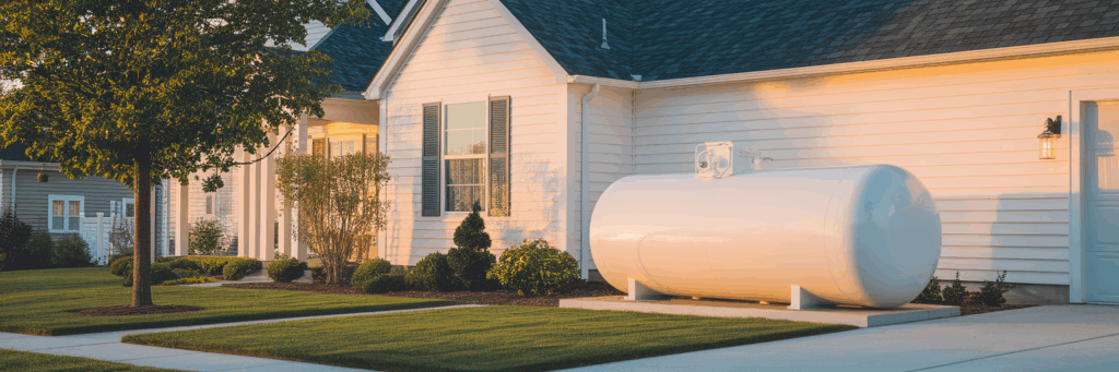 Modern propane tank beside a home.