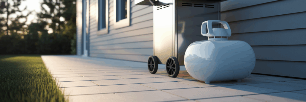 Propane tank ready for use on a patio.