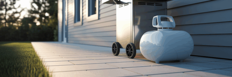 Propane tank ready for use on a patio.