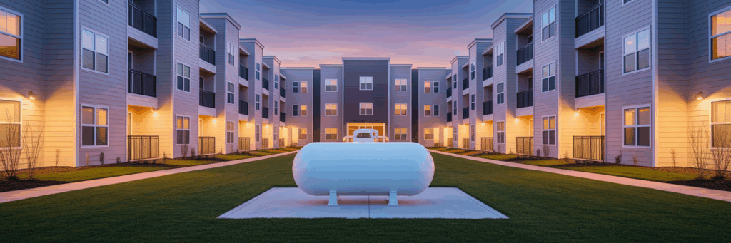Modern apartment building with commercial propane tank.