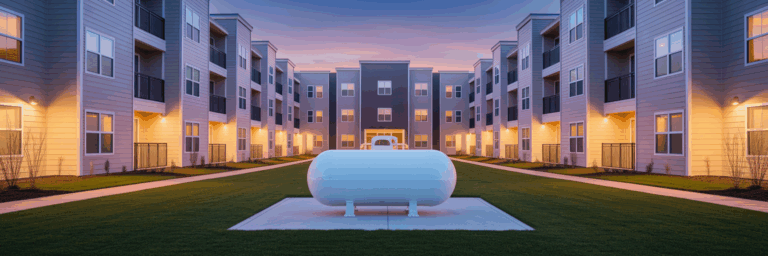 Modern apartment building with commercial propane tank.
