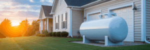 Residential propane tank at sunset.