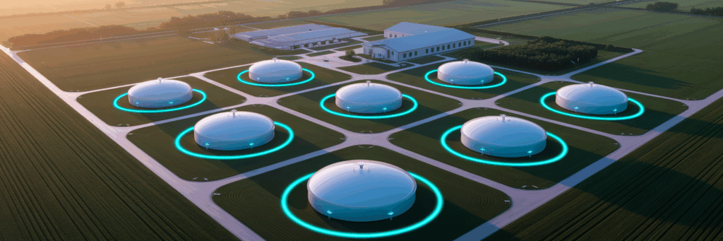 Aerial view of large property with monitored propane tanks.