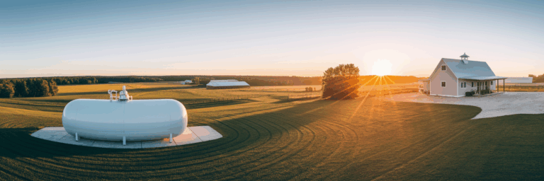 Rural property with propane tank at sunrise.
