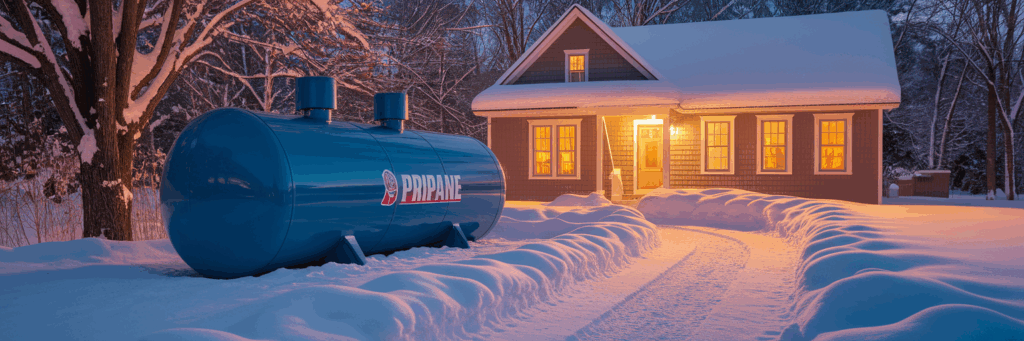 Winter-ready propane tank at dusk.