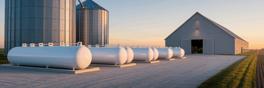 Organized propane tanks on a modern farm.