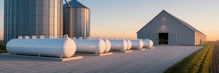 Organized propane tanks on a modern farm.