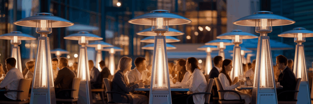 Warm and busy commercial patio with heaters.