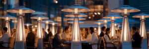 Warm and busy commercial patio with heaters.
