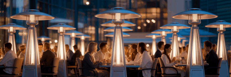 Warm and busy commercial patio with heaters.