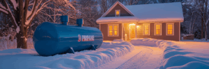Winter-ready propane tank at dusk.