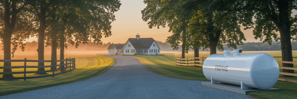 Safe propane tank installation at rural home.