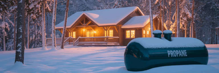 Vacation cabin with propane tank in winter.