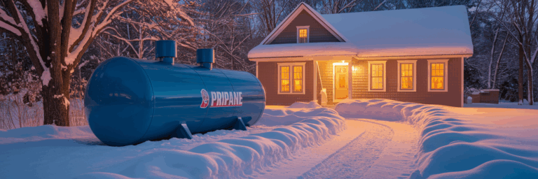 Winter-ready propane tank at dusk.
