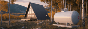 Seasonal cabin with residential propane tank.