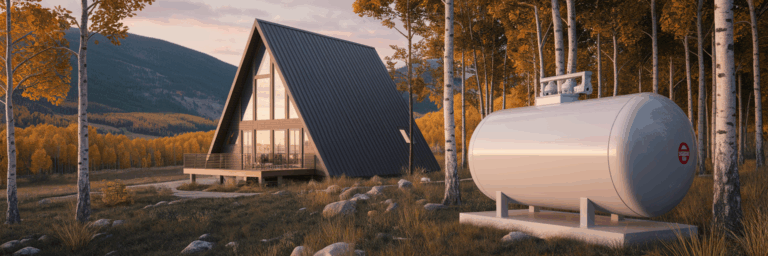Seasonal cabin with residential propane tank.
