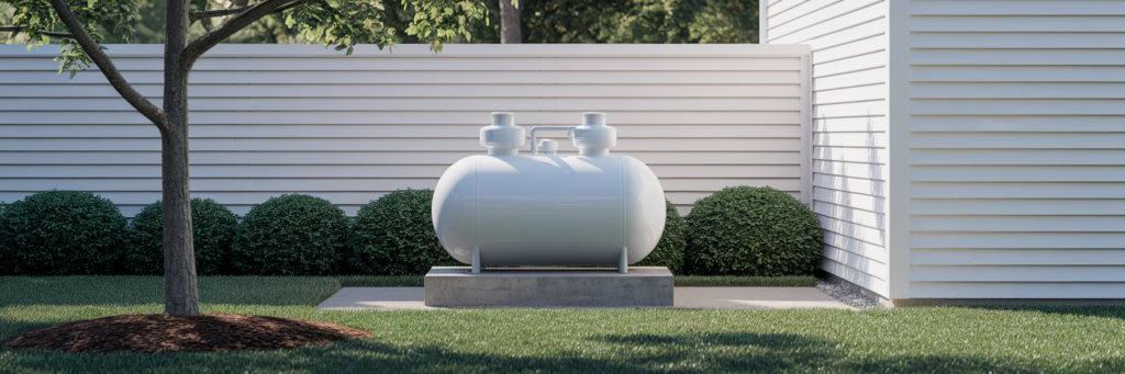 Safely stored propane tank in backyard.
