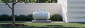 Safely stored propane tank in backyard.