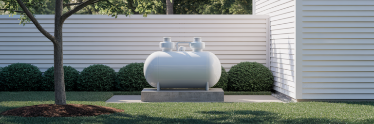 Safely stored propane tank in backyard.