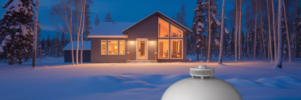 Warm vacation home with propane tank.