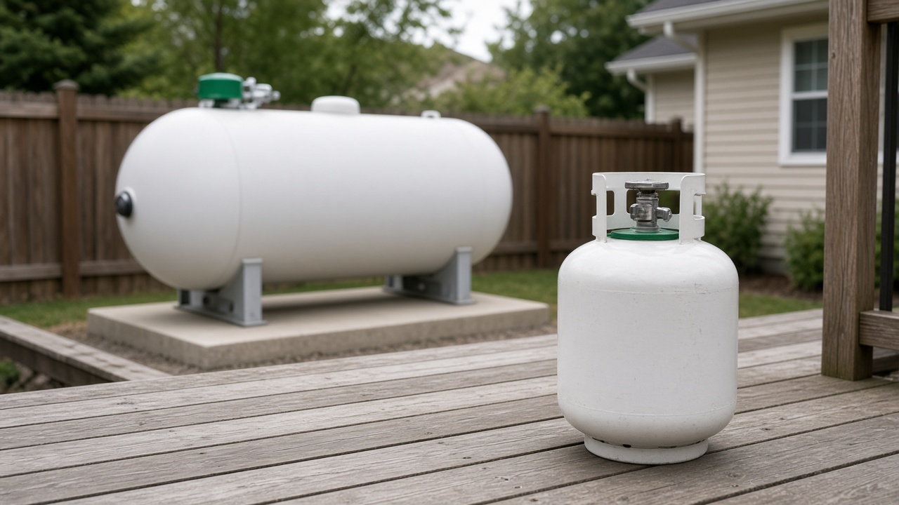 A 20-pound propane grill cylinder on a deck, with a much larger white home propane tank on a concrete pad behind it