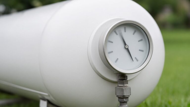 A round float gauge on the end of a white residential propane tank