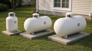 Three white residential propane tanks of increasing size beside a house